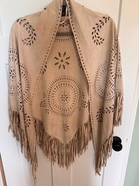 Source Unknown Tan Suede Fringe Cape with Laser-Cut Medallion Pattern